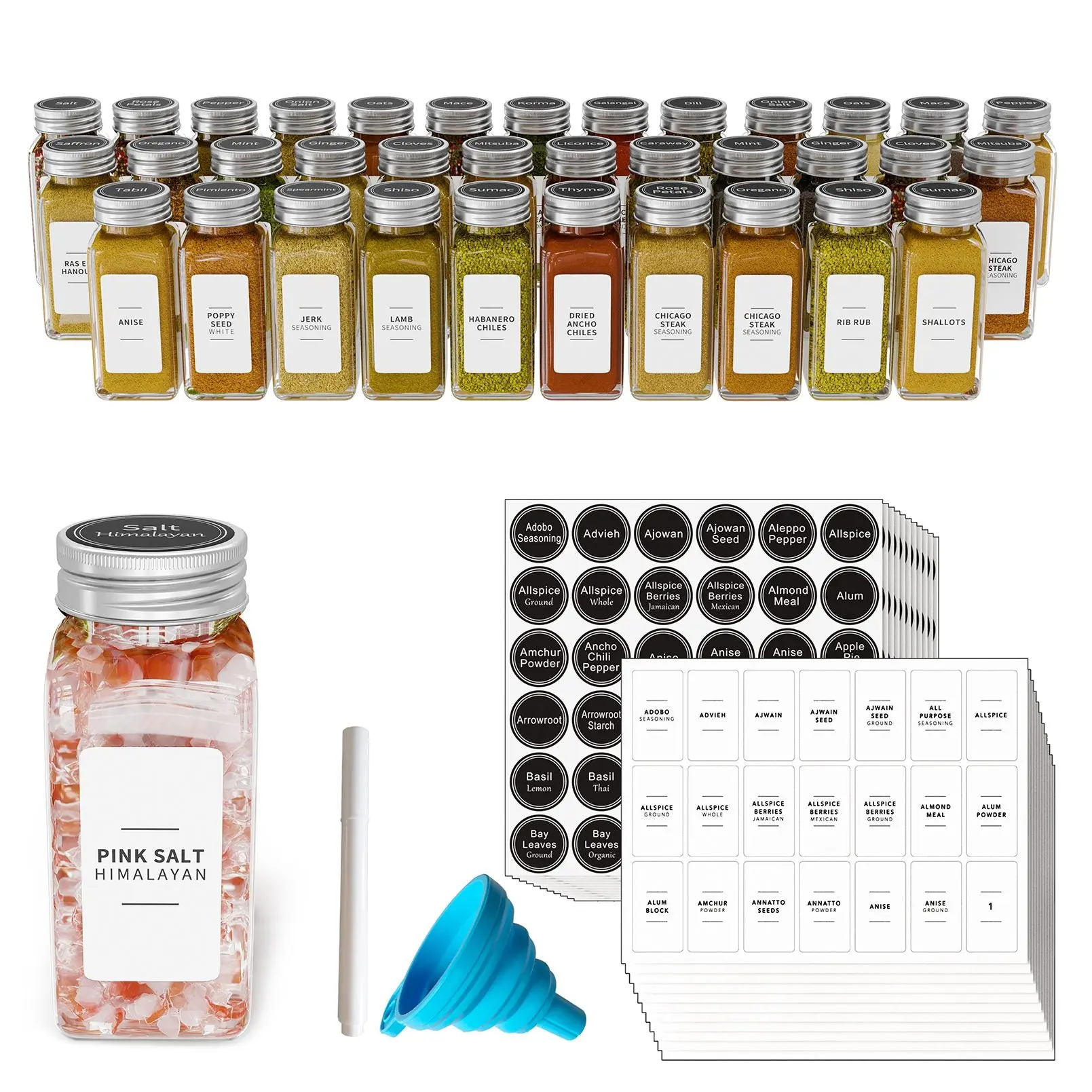SpaceAid 36-Pcs Square Shape Glass Spice Jars with Labels, Home Organizer Storage Bottles Set Bundle