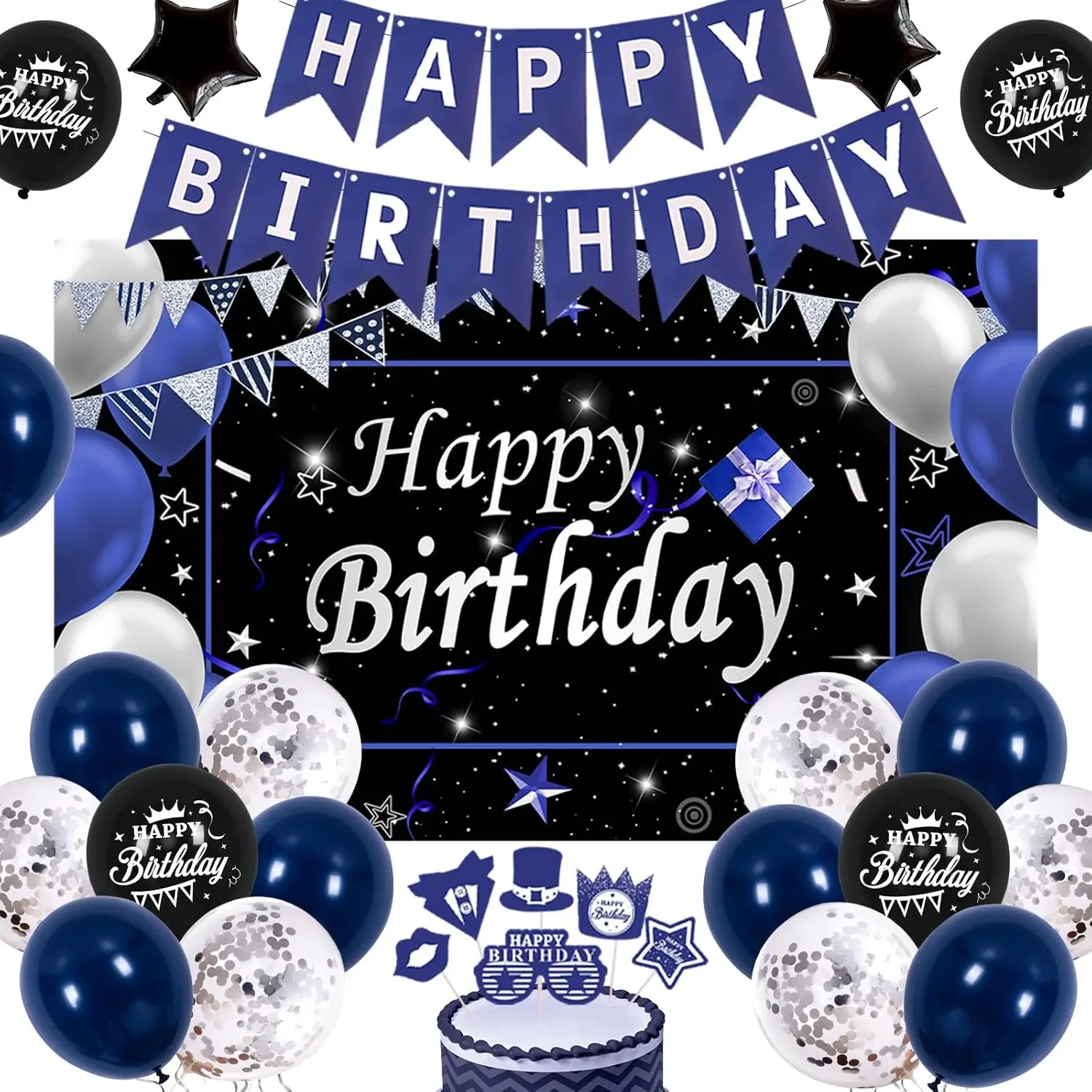 Navy Blue, Silver & Black 5-Pointed Star Balloon Happy Birthday Decoration Set - Star Theme Home & Festive Party Supplies with Photo Background, Cake Topper, Ribbon, Glue for 13th,16th,18th,21st,30th Celebrations