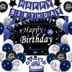 Blue birthday decorations for men women navy blue silver happy birthday decorations for boys girls with bday photo background cake topper for age 13th 16th 18th 21st 30th 40th 50th 60th 70th