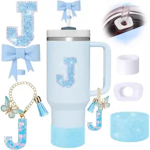 6 count Blue  Cup Accessories Set, Bow Straw Topper for  Cup 30oz 40oz, Including Straw Topper and Sparkly  Boot, Stoppers Spill Proof, Handle Charm, Initials Sticker