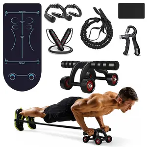 Ab wheel with resistance band and four wheels, Comes with a hand grip strengthener, jump rope, and push-up board. A home gym abdominal trainer, unisex, portable exercise roller
