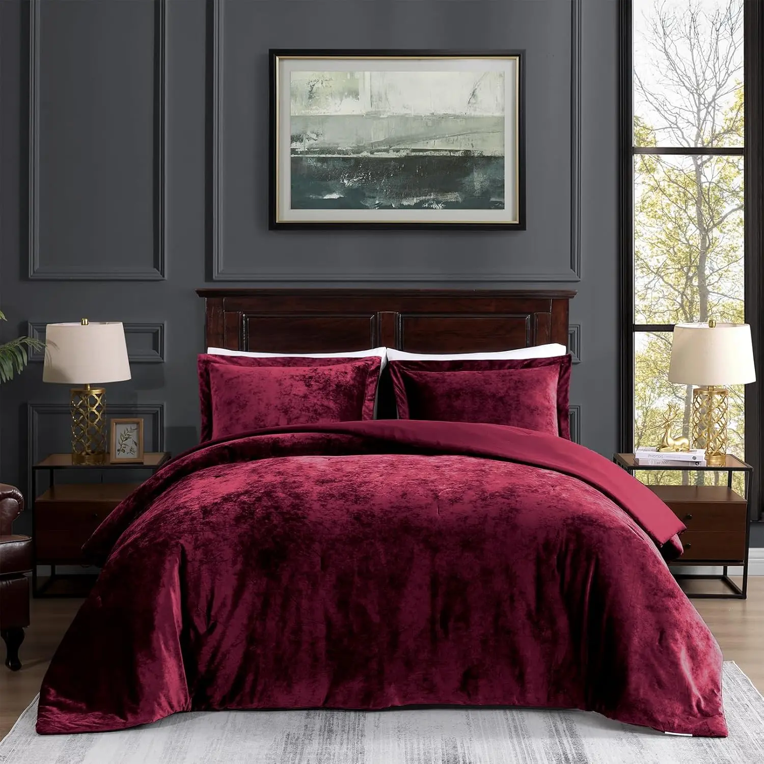 Red   Comforter Set, Plush Crushed  Bedding, Ultra Soft Luxury Fluffy 3 count Set Includes 1 Comforter (92"x96") and 2 Pillow Shams (20"x26"+2")