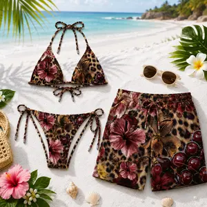 Matching Couple Swimwear Set – Leopard Floral Cherry Bikini & Men's Swim Shorts, Trendy Beach Vacation Outfit, Summer Pool Party Gift