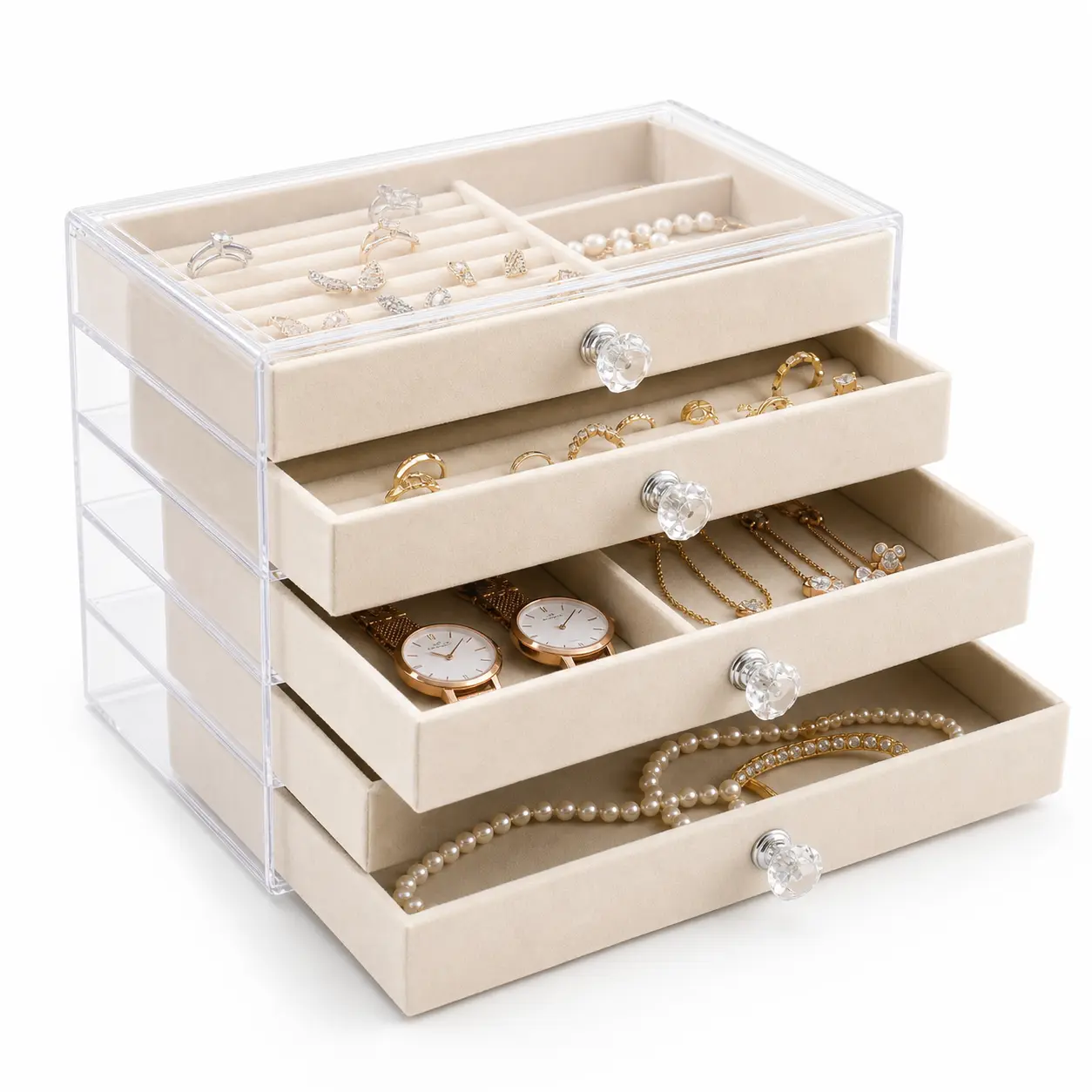 5-Drawer Clear Acrylic Jewelry Organizer with Beige Velvet-Lined Trays, Multi-Compartment Storage Box for Rings, Earrings, Necklaces, Bracelets and Watches, Crystal Knobs for Vanity and Dresser