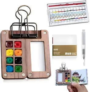Tobios Watercolor Kit Mini Paint Set 12 Vibrant Colors Portable Travel Palette with 8 Grids & 50 Sheets Paper for Artists Compact Easy to Carry