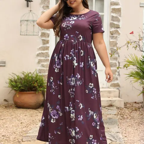 Plus Size Soft Floral Print Pocket Round Neck Casual Boho Bohemian Dress, Summer Clothes Women, Plus Women's Short Sleeve Crew Neck Long Fitted Dress for Summer, Women Plus Clothing for Beach Holiday, 1 Piece, Casual Wear