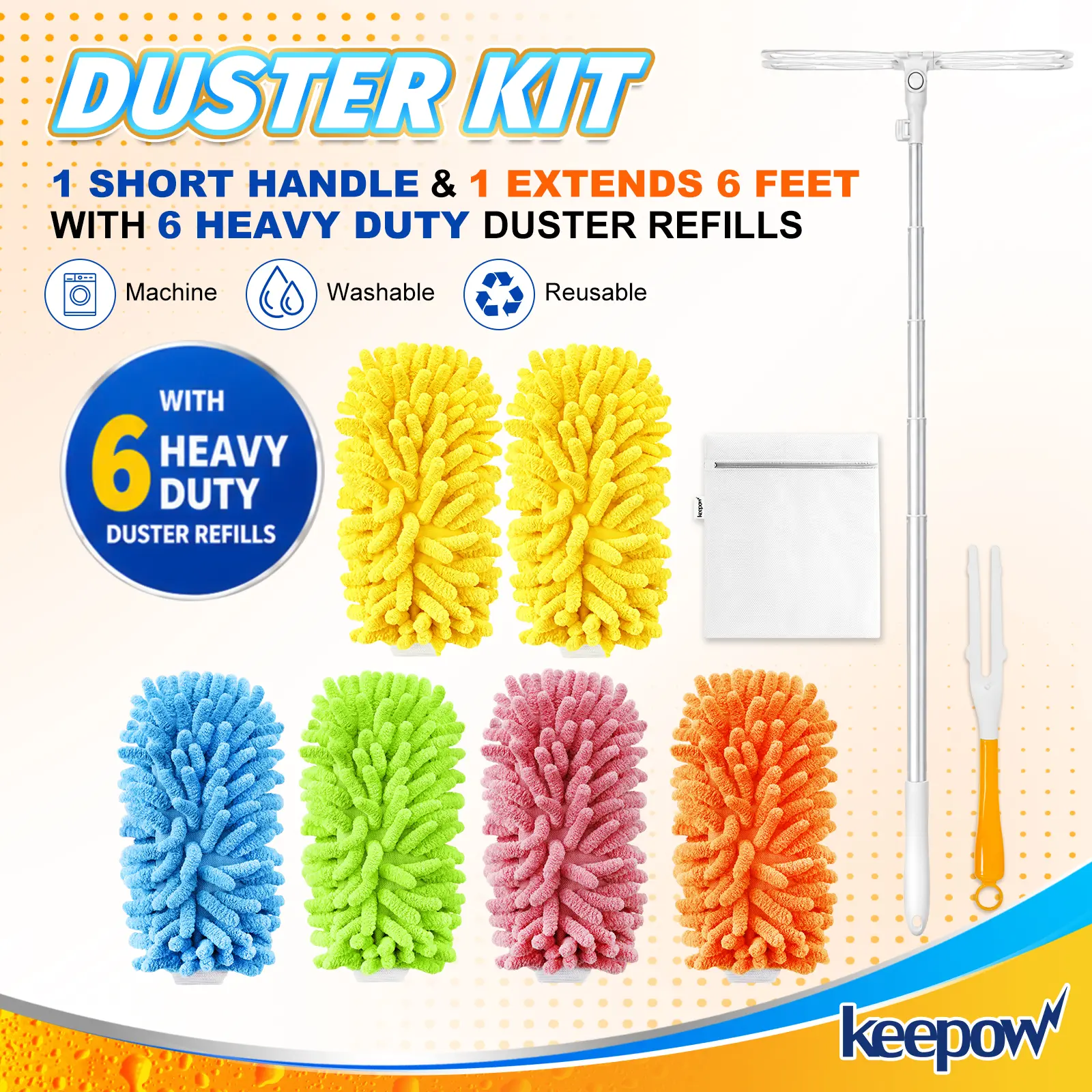 KEEPOW 6 ft Extendable Handle Duster Set with Reusable Chenille Refills, Swiffer-Compatible Washable Heavy-Duty Duster Kit for Household Cleaning, Dorm Essentials