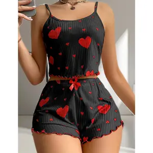 Women's Pajamas Set Summer Sling Vest with Shorts Newly Love Heart Print Spaghetti Strap Camisole Sleepwear for Girls