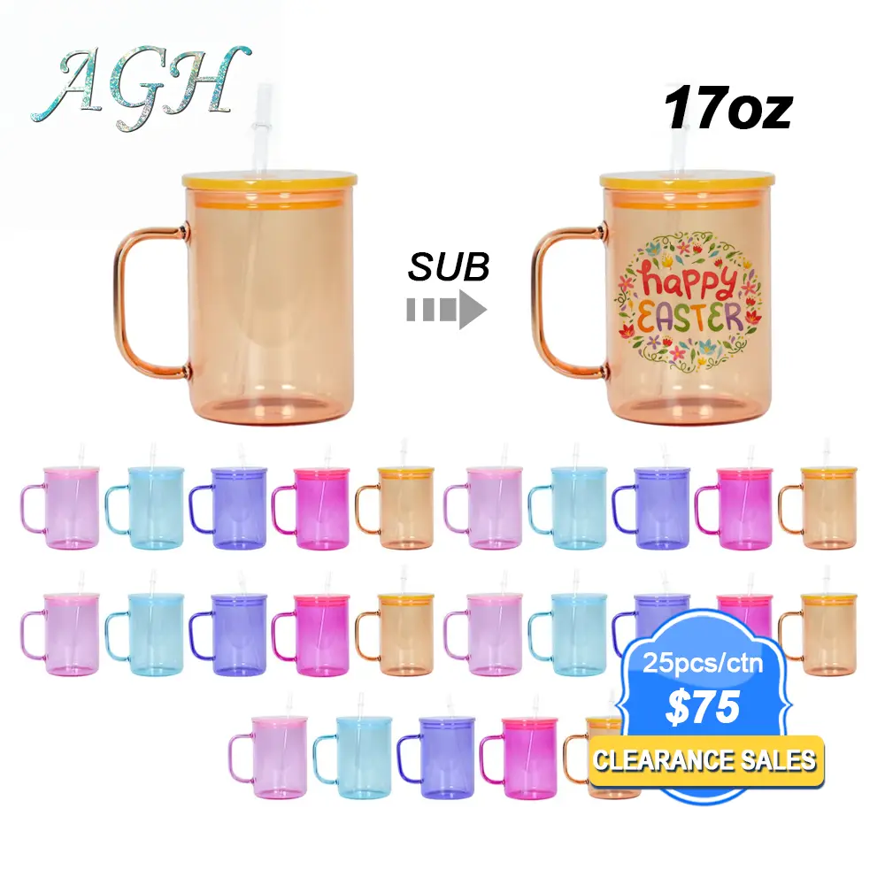 USA 25pcs 17oz coloring sublimation Glass Coffee Mug Glass tumbler with Handle and lid straw, Glassware for UV DTF Wraps Sublimation