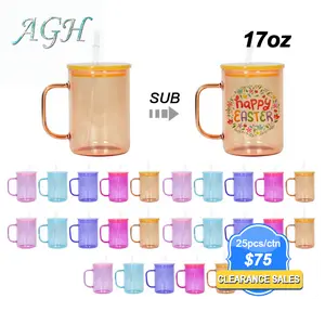 USA 25pcs 17oz coloring sublimation Glass Coffee Mug Glass tumbler with Handle and lid straw, Glassware for UV DTF Wraps Sublimation