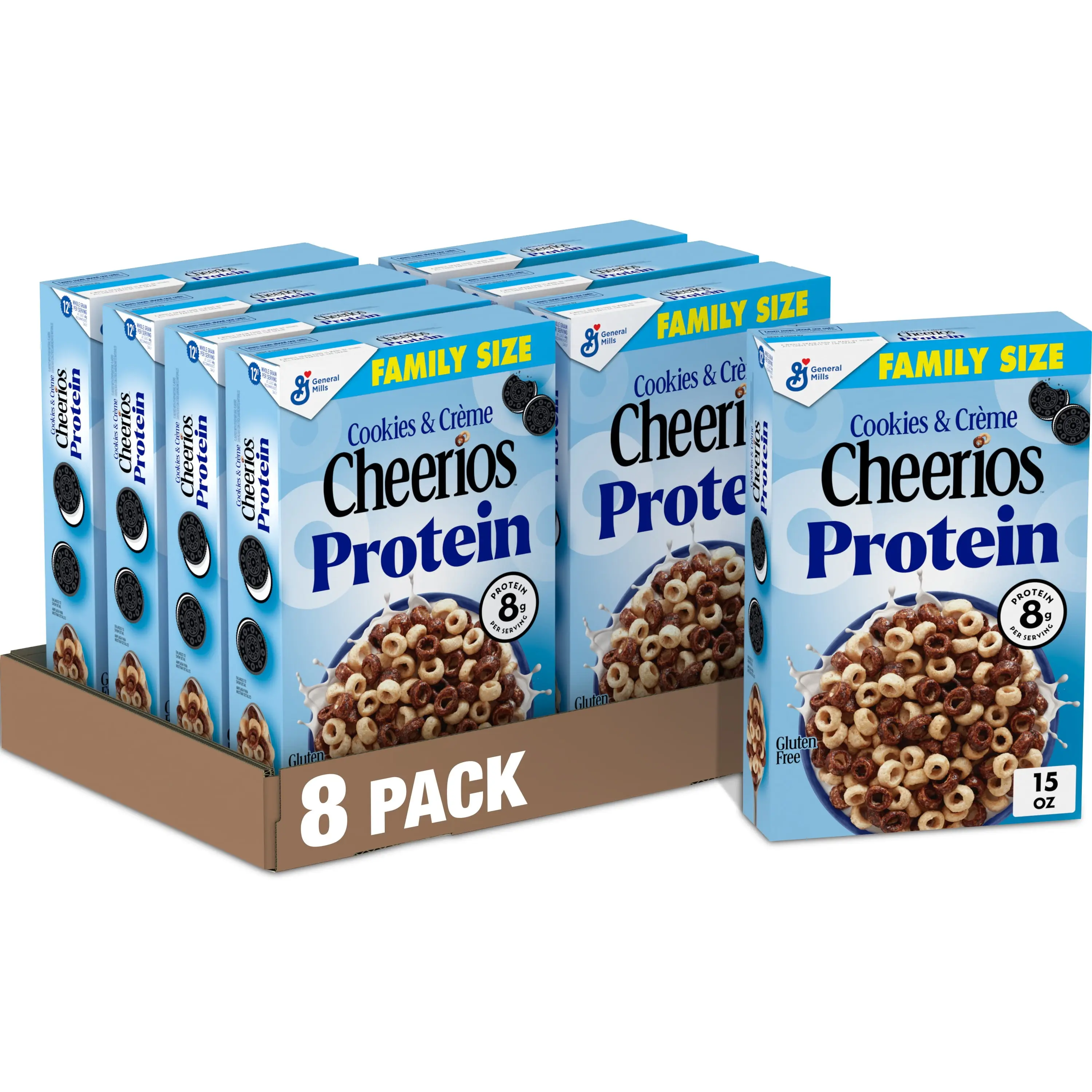 (8 pack) Cheerios Protein Cereal, Cookies and Crème, 8g Protein, Family Size, 15 oz