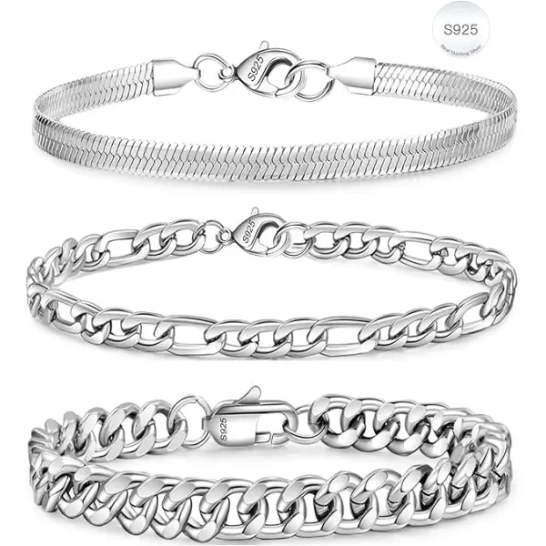 Adults' 3-Pcs S925 Sterling Silver Stacking Bracelet Set - Cuban, Herringbone, Figaro Links, Smooth and Comfortable Metallic Silver 925 Bracelets & Bangles, Birthday Gift for Brother, Dad, Arm Candy Accessories