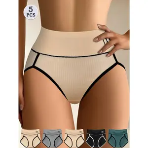QUASTI Women's 5-Pcs/4 Mix Colors Basic High-Waisted Cotton Panty Set - Minimalist Fabric, Breathable Skin-Friendly Smooth Underwear, Seamless Full Coverage Hip-Lifting Sports Briefs, Contrasting Colors High-Elasticity No-Show S-XXL Fit