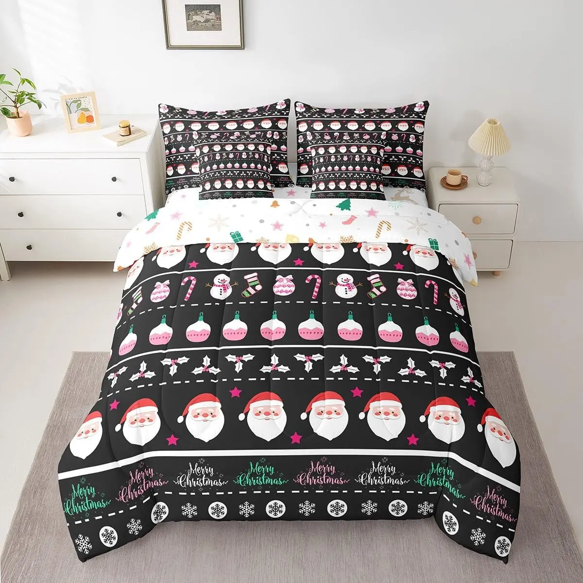 Merry Christmas Decorative Bed in a Bag Xmas Cartoon Santa Claus Snowmen Comforter Set with Sheets 7 Piece Winter New Year Bedding Set Gifts for Kids Boys Girls 2 Pillow Cases