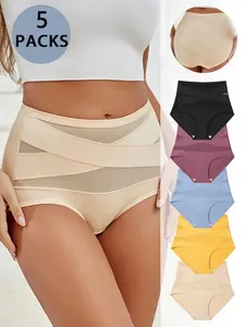 Women's High-Waisted Thong Panties Set, Cross Mesh Milk Silk Fabric, Soft Comfortable Elastic Underwear, S-Xxl Sizes Available, Elegant