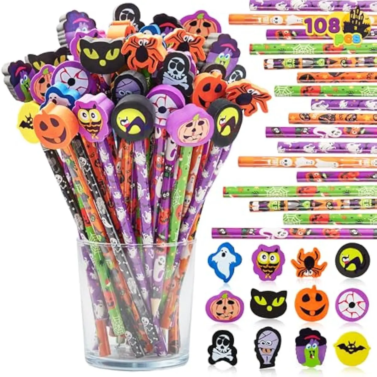 108PCS Halloween Pencils with Erasers Stationery Set, 108 Colorful Pencils in 6 Design, 108 Giant Erasers in 12 Style for Kid Trick or Treat, Halloween Party Favor Supplies, Classroom Prize Gift