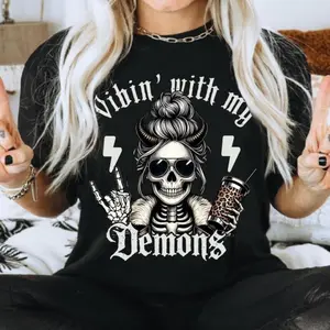 With My Demons Skeleton Tee – Gothic Demon Shirt Featuring Dark Humor Proverbs