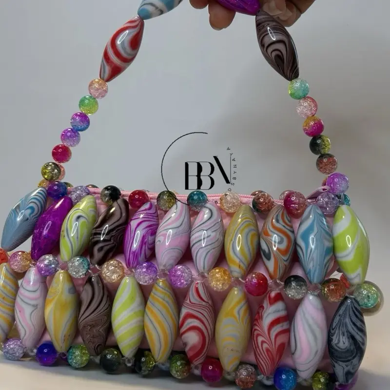 Candy Cane Handmade Beaded Bag for Outing Beaded Purse with Zipper Closure Elegant Practical Design Compact Convenient