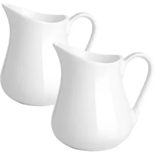 2 Pack 8 oz Ceramic Creamer Pitcher Set with Handle, Small Classic White Milk Container, Fine Porcelain Creamer Pitcher for Coffee Milk Sauces Salad, Microwave & Freezer Safe