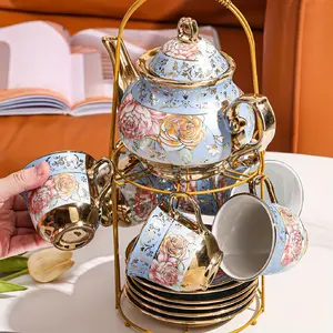 1 Set Floral Ceramic Tea Set – Teapot, 6 Cups & Saucers, Spoons + Golden Stand, Beautiful Gift for Tea Lovers, Home Cafe & Blooming Tea Party
