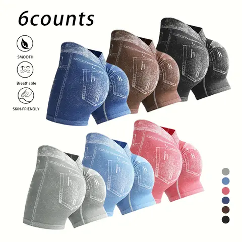 TCVC 6 Pcs Women's Denim Look Butt Lifting Active Shorts | High Waisted Stretchy Tummy Control Workout Wear for Gym, Yoga, Running & Daily Wear Womenswear Bottom, Suitable for Spring and Summer Wear