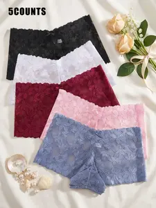 5pcs Solid Floral Lace Semi-Sheer Elegant Boyshorts Underwear