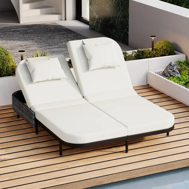 Outdoor Daybed, Patio Rattan Daybed with 5-Position Adjustable Backrest and Removable Cushions&Pillows, Iron Frame Outdoor Bed Loveseat for Garden, Backyard, Poolside