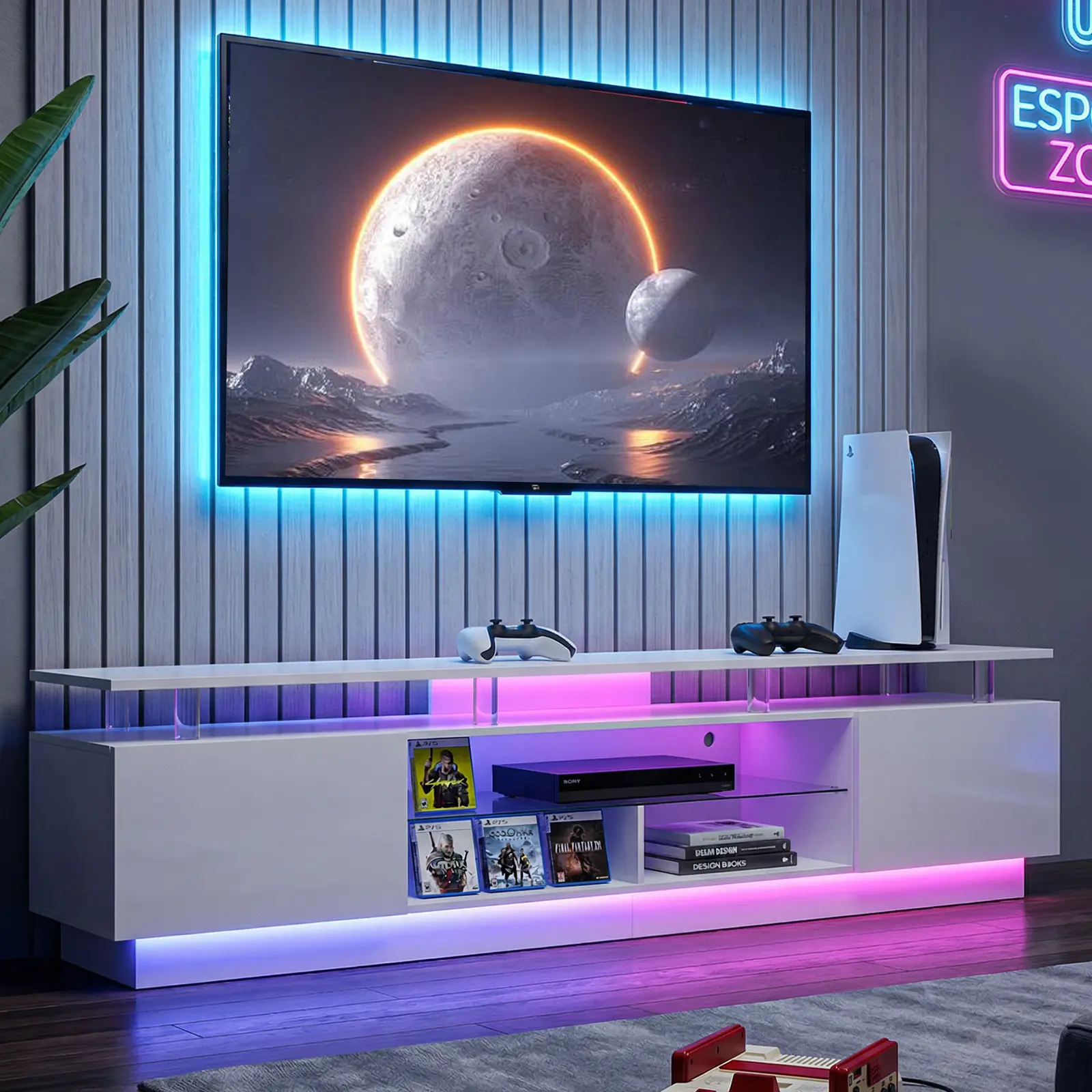【TV stand only】70” /80"  High-Glossy TV Stand with 2 Side Cabinets, Modern Stylish TV Console with 3 Layer LED Lights,Gaming TV Media Console with Adjustable Glass Shelf, Remote&APP Control, Black