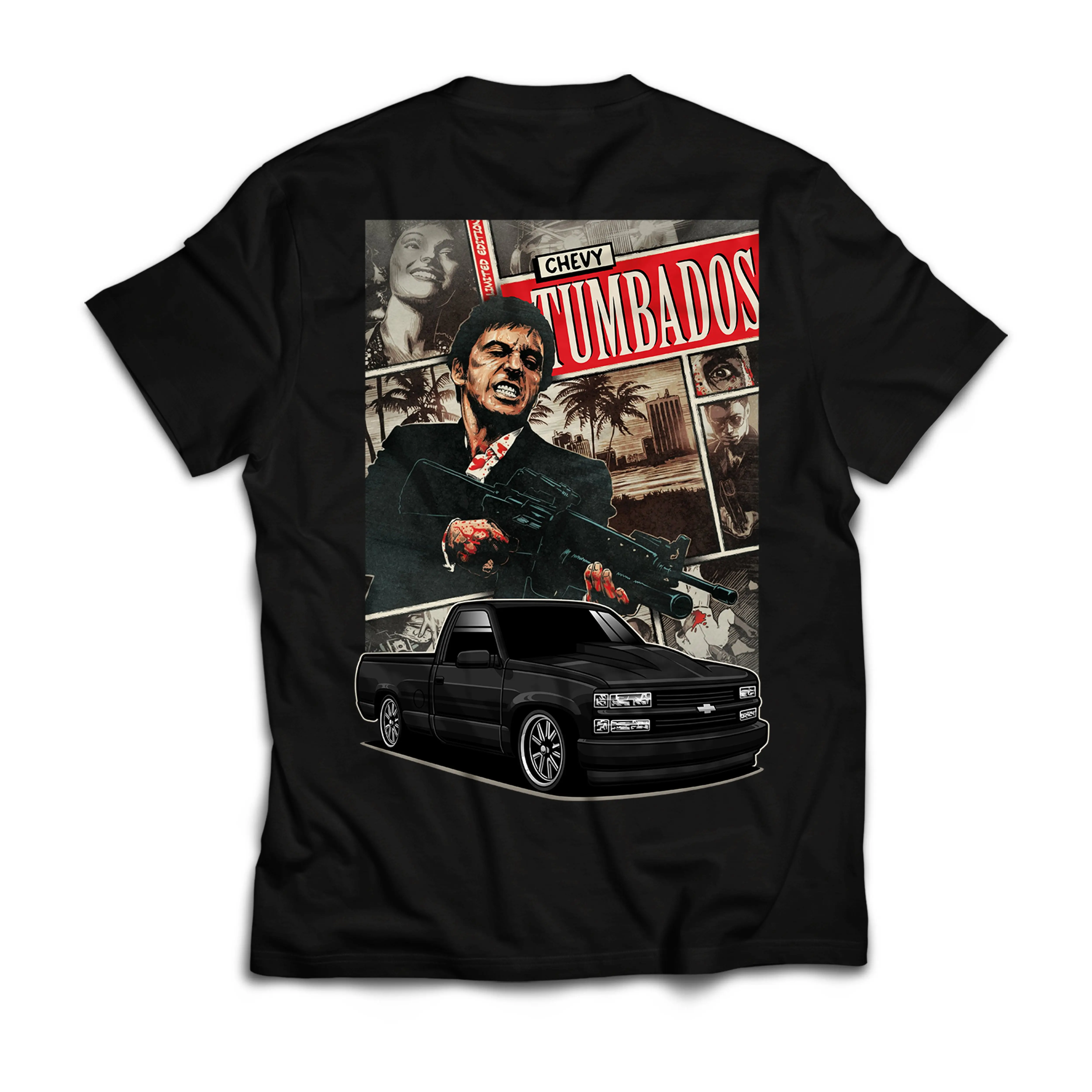 Vintage Double-Sided Print Chevy Tumbados Scarface Bundle Graphic T-Shirt, Unisex 100% Soft Cotton Short Sleeve Tee, Retro Streetwear Casual Summer Outfit, Classic Lowrider Car Enthusiast Apparel, Comfort Fashion Top, Perfect Gift For Men & Women