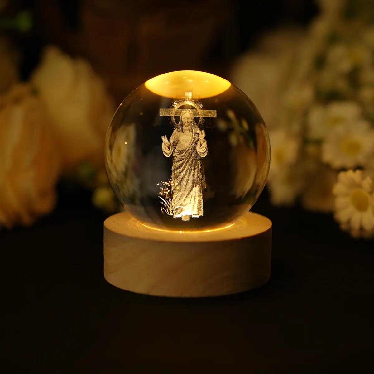 3D Jesus Crystal Ball Ornament with Wooden Base & Luminous Design - Religious Collectibles, Home Decor Items for Desk, Bookshelf, Bedside Table, Thoughtful Gift