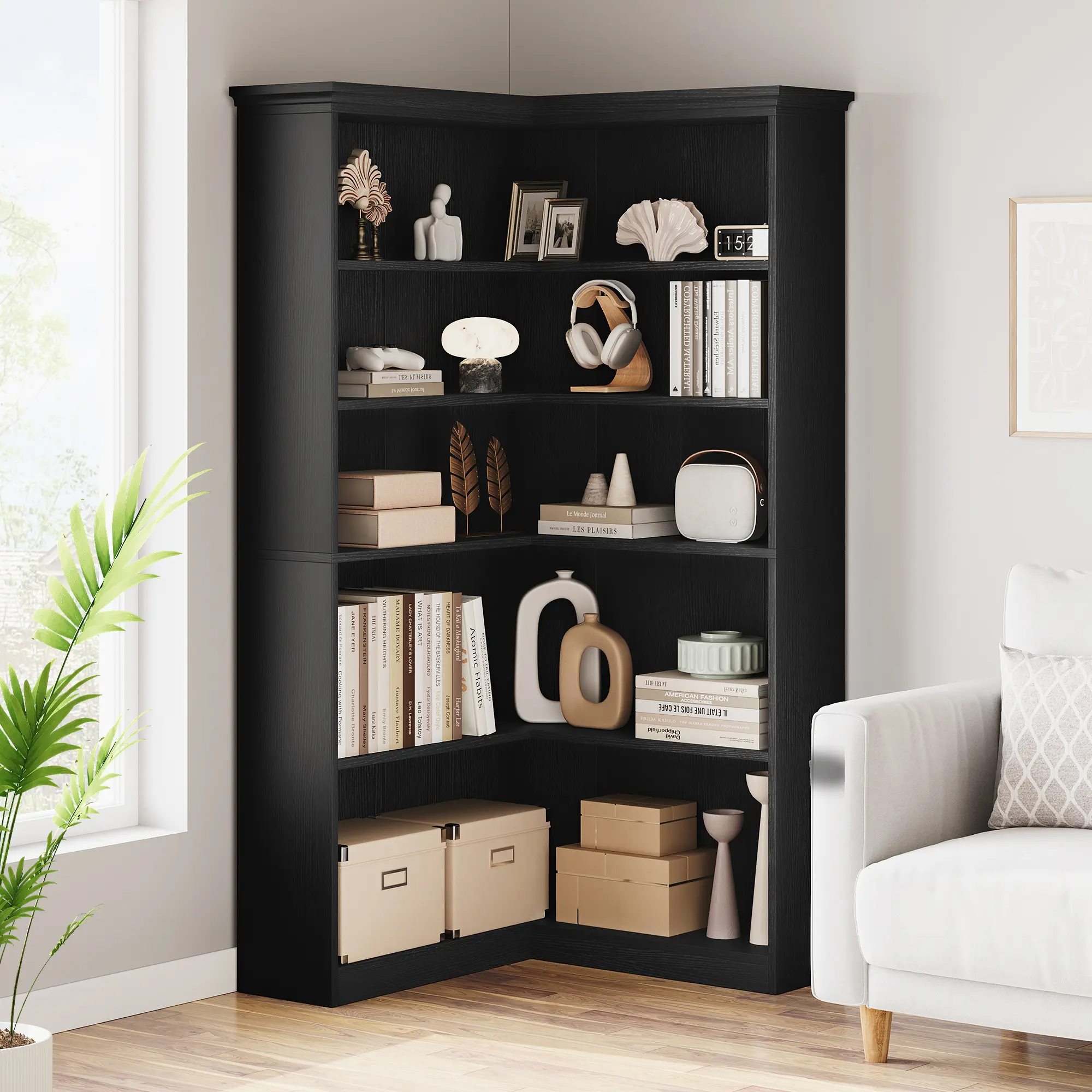 Gaomon 72-In L-Shaped MDF Wood Corner Bookshelf, 5-Tier Stable Bookshelf Storage, Durable Anti-Tip Safety Design, Stylish Organizer Rack for Home Office (White, Black)