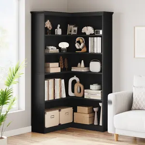 Gaomon 72-Inch Tall 5-Tier L-Shaped MDF Wood Corner Bookshelf, Anti-Tip Safety Design, Stylish Bookshelf Storage for Home Office, White Black Home Organizer Storage Rack