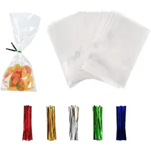 100PCS Clear Cellophane Treat Bags with 100PCS Twist Ties, 3x4 OPP Rice Crispy Bags for Gift Goodie Favor Candy Cake Pop Birthday Party Cookies Christmas New Year Wedding Party (3'' x 4'')