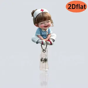 2D Non-3D Nurse Girl Pull Tab Extensible Badge Holder, Badge Reel, Badge Reels Retractable, Fun Creative Theme, Acrylic Medical Name Tag Stand, Hospital Work, Office Supplies