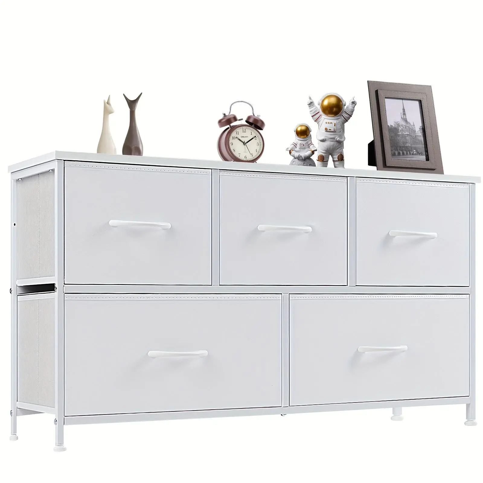 Sturdy Wood Modern Minimal White LED Bedroom Dresser - 5-Drawer Fabric Interior Clothes Storage Cabinet with Adjustable Organizers, Closet & Room Storage Solution for Kids Nursery Nightstand