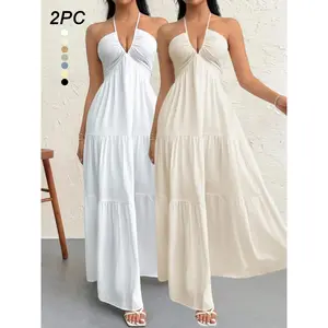 2PC Women's Plain Dress, Summer Clothes Women, Casual Basic Loose Fit Sleeveless Dress for Beach Holiday Vacation, Ladies Summer Clothes, Women's Clothing, Womenswear, Dresses for Party, Minimalist A Line Dress