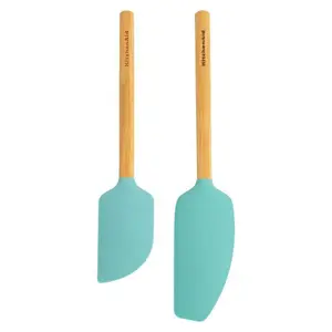 KitchenAid 2pc Bamboo Spatula Set Aqua Blue: Silicone Flexible Spatulas for Cooking & Baking, Wood Handle, Hand Wash
