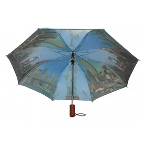 212 MAIN Foldable Conch Umbrella - 44 in. Automatic-Open Compact Triple-Fold Umbrella with NY Sightseeing Design, Navy Blue