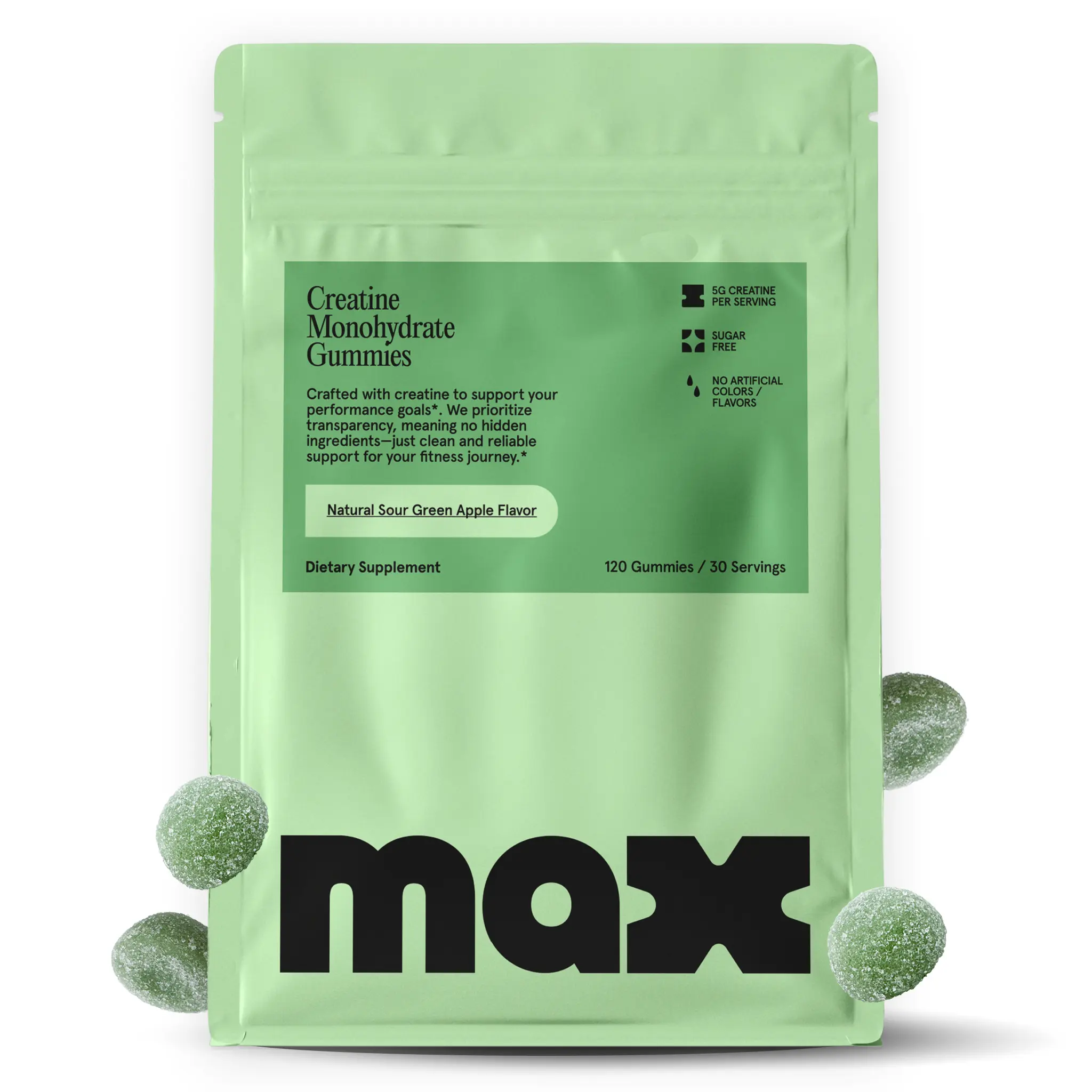 MAX Sugar Free Creatine Monohydrate Gummies - 5g Per Serving, 120 Count - Vegan, Lab Verified, Nothing Artificial – Sour Green Apple