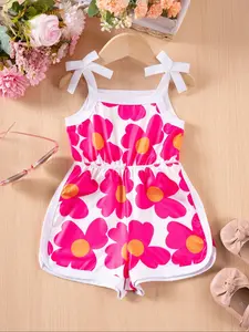 Toddler Girl's Floral Print Bow Tie Waist Romper, Cute Sleeveless Romper for Holiday Vacation, Toddler Outfit, Kids Clothes for Summer, Baby Girl Clothes