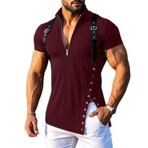 INCERUN Men's Simple Short-Sleeve Polyester T-Shirt - Deconstructed Belt Texture, Slit Hem, Premium Fabric, Menswear Casual Tops, Shortsleeve