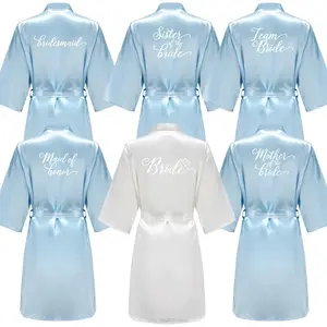 Light Blue Women's Satin Robe Short Kimono for Bride & Bridesmaid With White Letter, Wedding Party Robes