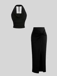 Elegant Y2K Strapless Backless Fitted Vest Set with Sexy Slit Skirt, Trendy All-Purpose Womenswear, Perfect for Stylish Looks
