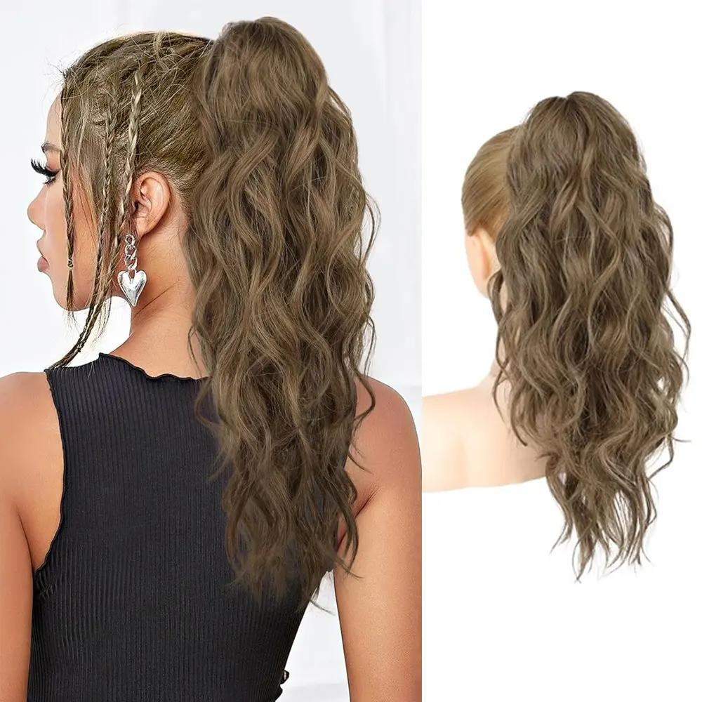 Women's fluffy corn perm ponytail with claw clip, water wave long curly hair extensions, Clip In Volume, Synthetic Clip Hairpiece