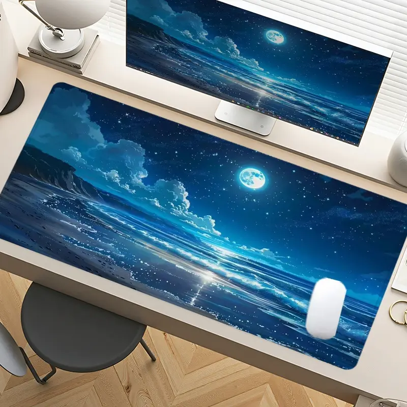 Extra Large Moonlight Ocean & Starry Sky Mouse Pad 35x16 Inch with Non-Slip Rubber Base Durable Stitched Edge for Home, Office, Aesthetic Desk Accessories