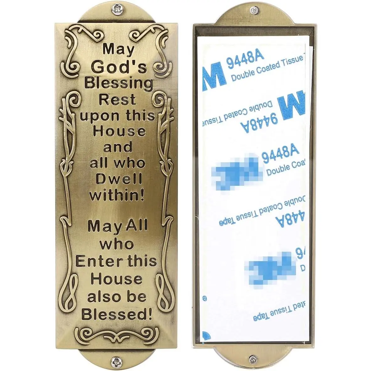 Metal Mezuzah For Door, Install Use Double-sided Tape, 6" High by 2" Wide for Front Door, Blessing House, Bless People, English Scripture, Easy Peel and Stick Mezuzahs Cover Jewish Gifts