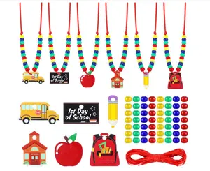 24 Sets Back to School Bead Necklace Crafts Kit Welcome First Day of School Craft Gifts for Kids Apple Bus Shape Beads DIY Necklace Supplies Party Favor
