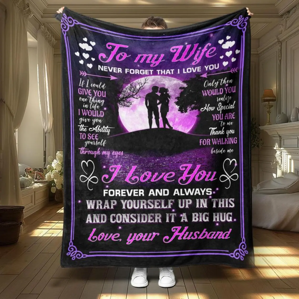 To My Wife Blanket, 1 Count Letter & Heart Pattern Soft Throw Blanket, Air-conditioned Room Blanket, Warm Nap Blanket For Home & Office,Christmas Gift,Gift For Men & Women, Vintage Blanket