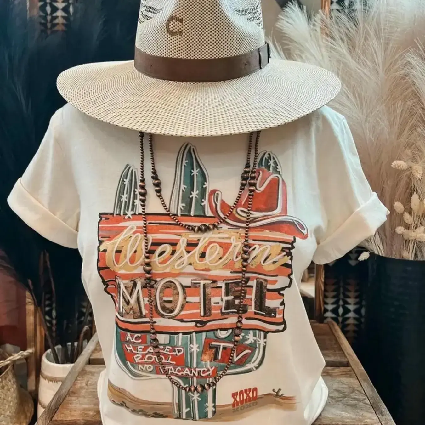 Western-style Patterned T-shirt- White T-shirt Decorated with Cactus, Red Cowboy Hat, and Vintage Text Design| A Must-have for Lovers of Western Aesthetics and Rustic Charm|"sport""Athleisure"