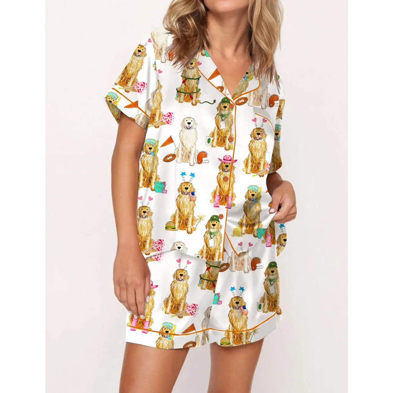 Golden Retriever Role Play Cotton Pajama Set for Women - Whimsical and Cozy Sleepwear for Dog Lovers, Perfect for Pet Playdate Evenings, Family Game Nights, or Relaxed Weekend Mornings